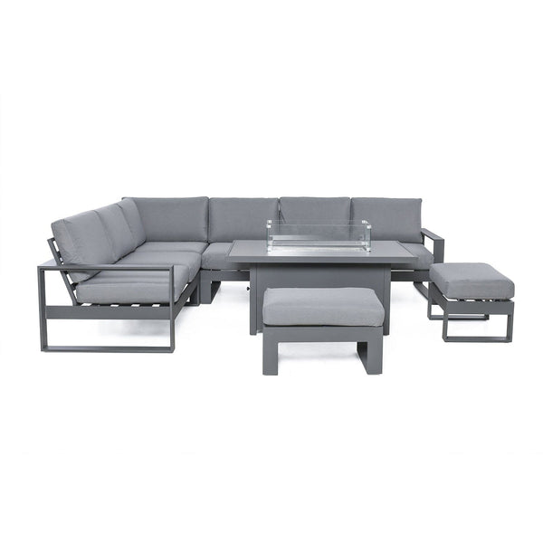 Maze Larnaca Grey Large Aluminium Corner Dining Set With Fire Pit Table & Footstools Furniture 