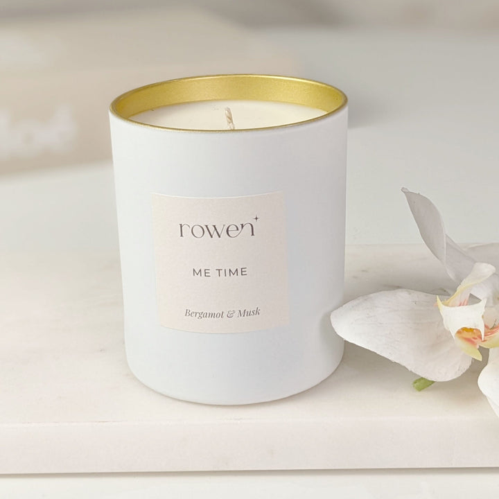 Me Time White & Gold Scented Candle - Bergamot & Musk Fragrance 