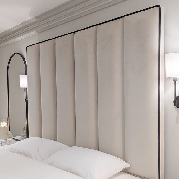 Mercer Cream Velvet Luxury Panelled Bed with Contrast Black Piping