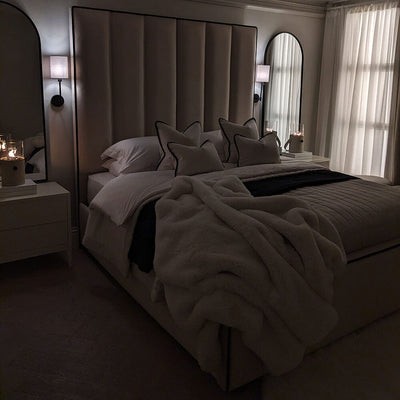Mercer Cream Velvet Luxury Panelled Bed with Contrast Black Piping MTO Beds and Headboards 