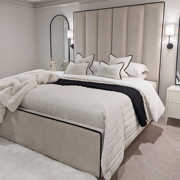 Mercer Cream Velvet Luxury Panelled Bed with Contrast Black Piping MTO Beds and Headboards 