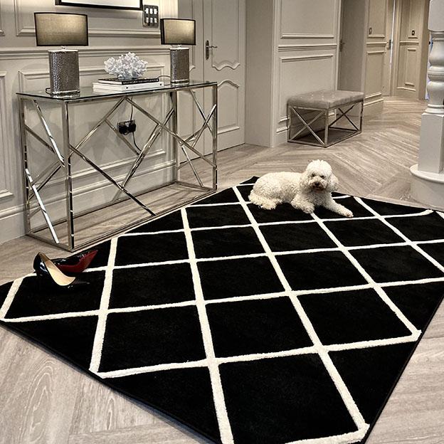 Black diamond rug with cream print