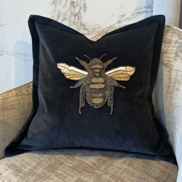 Nara Gold Beaded Bee Black Cushion - 50 x 50cm Cushion 