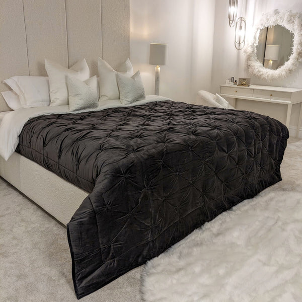 Oriana Luxury Charcoal Velvet Pleated Bedspread Bedding 