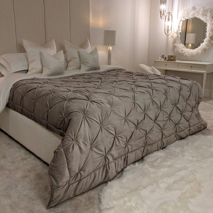 Oriana Luxury Taupe Velvet Pleated Bedspread Bedding 