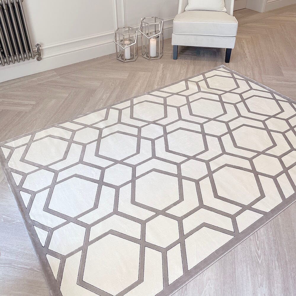 Portnall Champagne & Greige Geometric Print Patterned Rug 