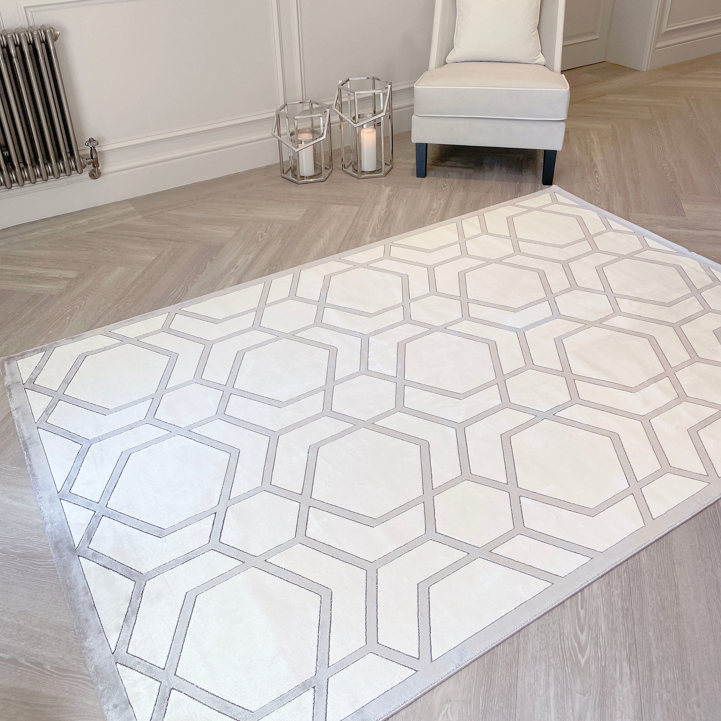 Portnall Champagne & Greige Geometric Print Patterned Rug 