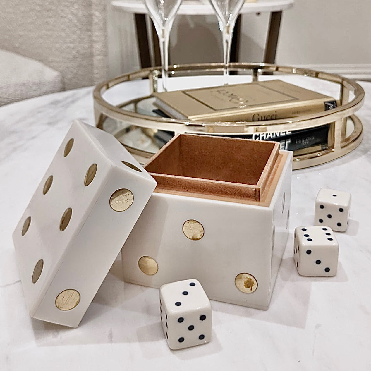 Rae White & Gold Mini Dice Box Accessories 