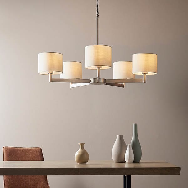 Ramside Silver 5 Light Pendant Ceiling Light with Cream Shades Lighting 