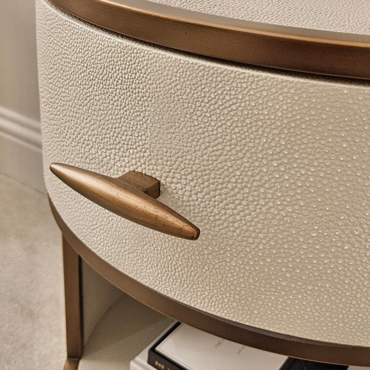 Russell Faux Shagreen Ivory and Gold Round Bedside Furniture 