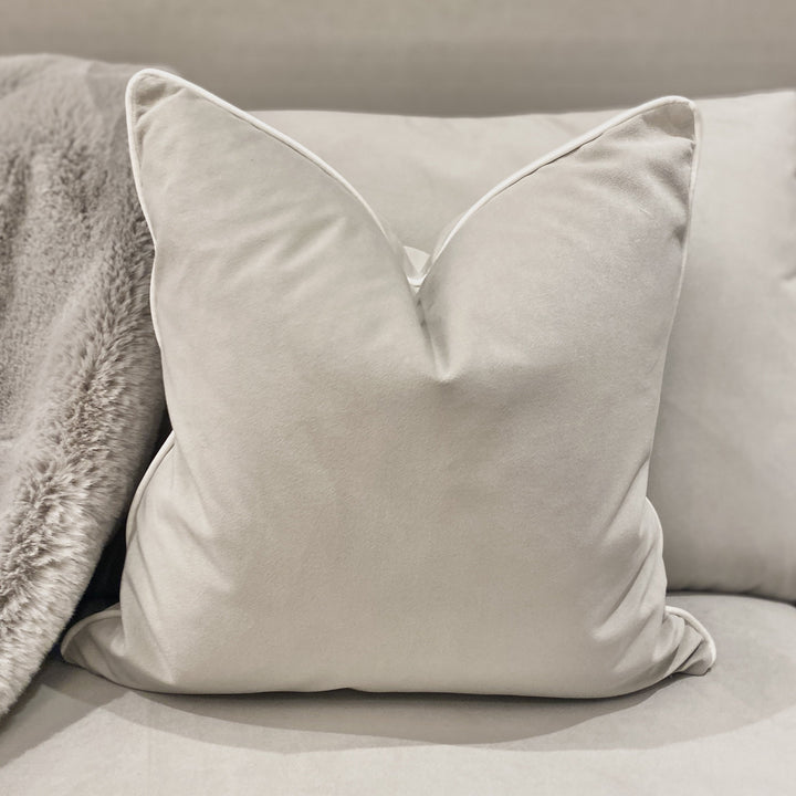 Smoke Grey Velvet Cushion with White Satin Piping Cushion 