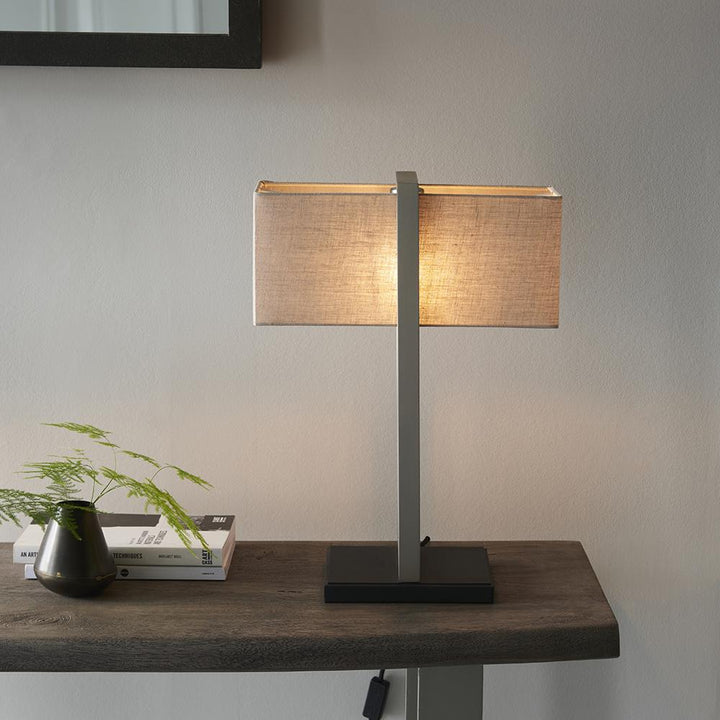 Tarla Rectangular Nickel Table Lamp with Neutral Shade Lighting 