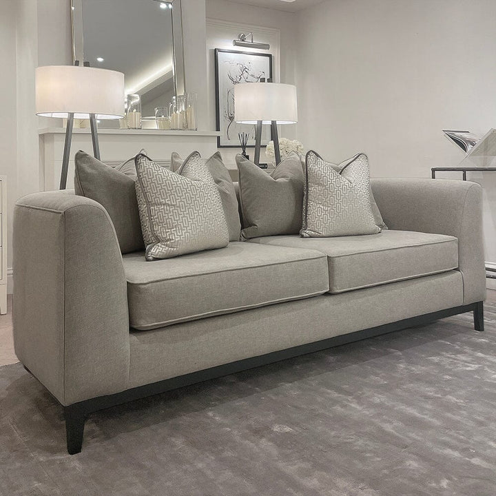 Timeless Warm Grey 3 Seater Pillowback Sofa, With Black Wooden Plinth 