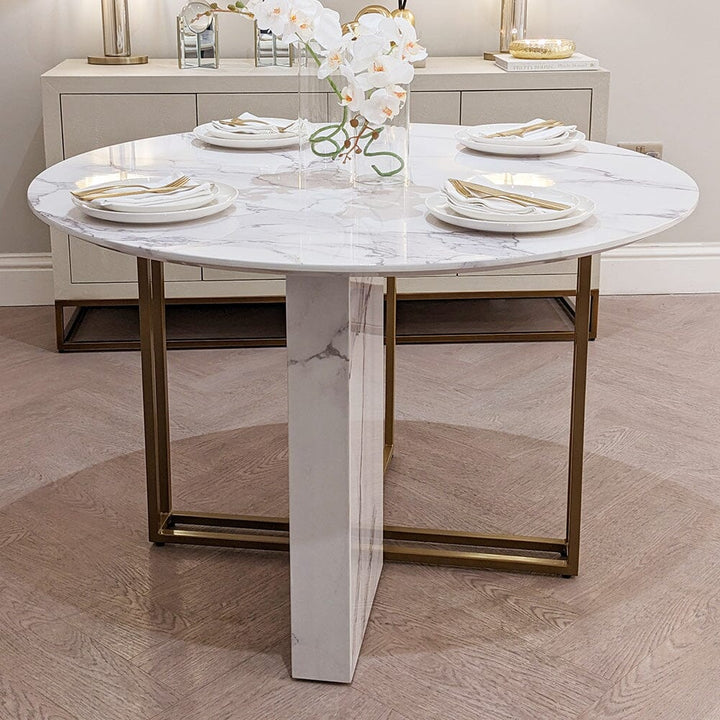 Trixie Round Marble & Gold Metal Dining Table Furniture 