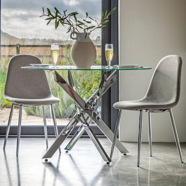 Violetta Silver Cross Base Glass Top Round Dining Table Table 