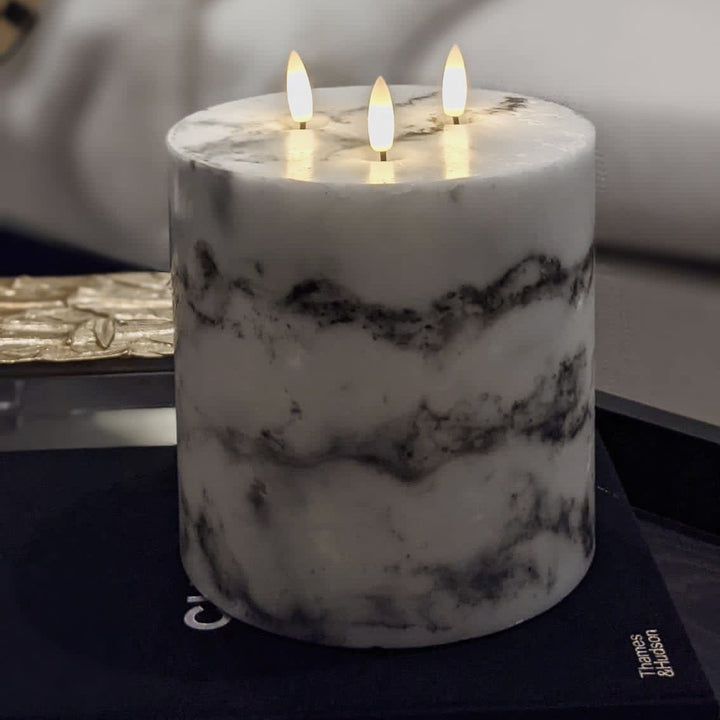 White 3 Wick Short Marble Effect LED Candle Accessories 