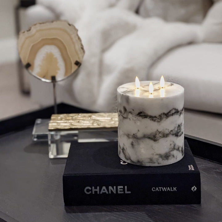 White 3 Wick Short Marble Effect LED Candle Accessories 
