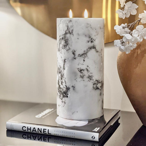 White 3 Wick Tall Marble Effect LED Candle Accessories 