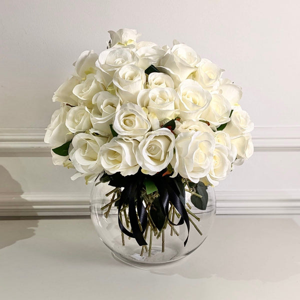 XL Cream Faux Rose Arrangement in Fishbowl Vase - Approx. 70 Stems Florals and Plants 