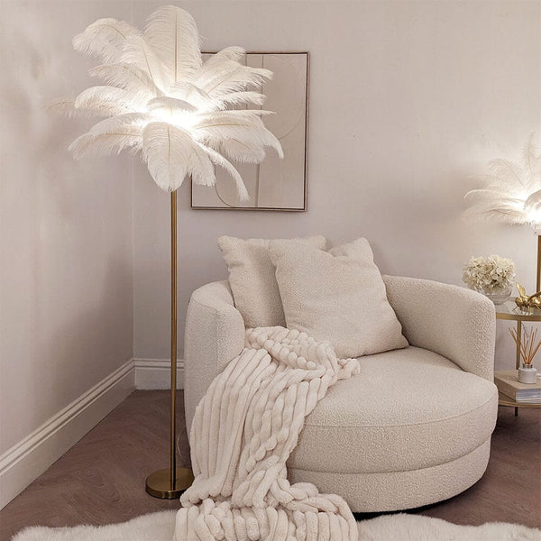 Zora White Feather & Gold Floor Lamp Lighting 